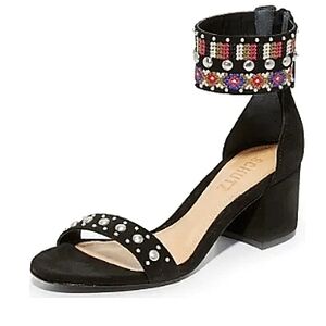 SCHULTZ Naharis Embroidered Studded Ankle Strap Chunky Low Heel Sandals EUC